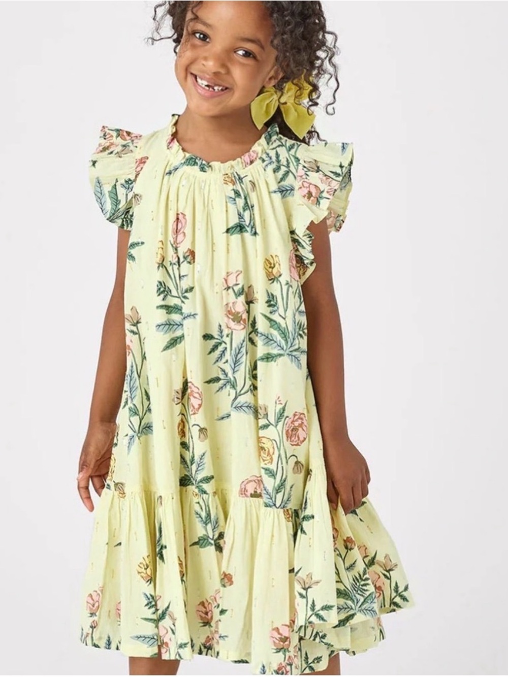 Pink Chicken Girls Harper Dress Pale Yellow Poppy Floral Ruffle Cotton 8Y